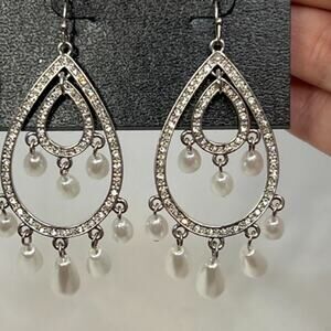 Ophelia Roe rhinestone teardrop silver tone earrings with pearl beads